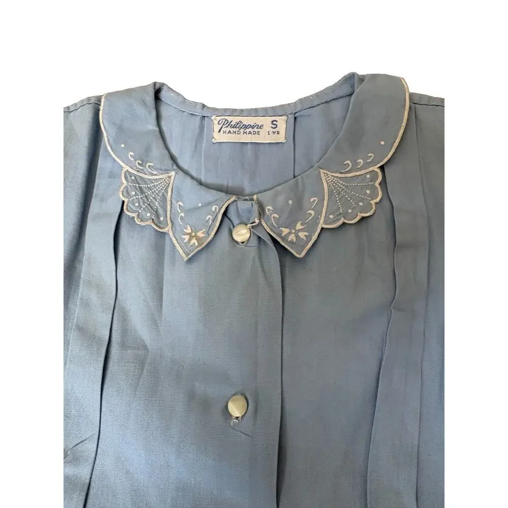 Vintage Philippine Handmade Baby Blue Embroidered Dress Size S 1 Year